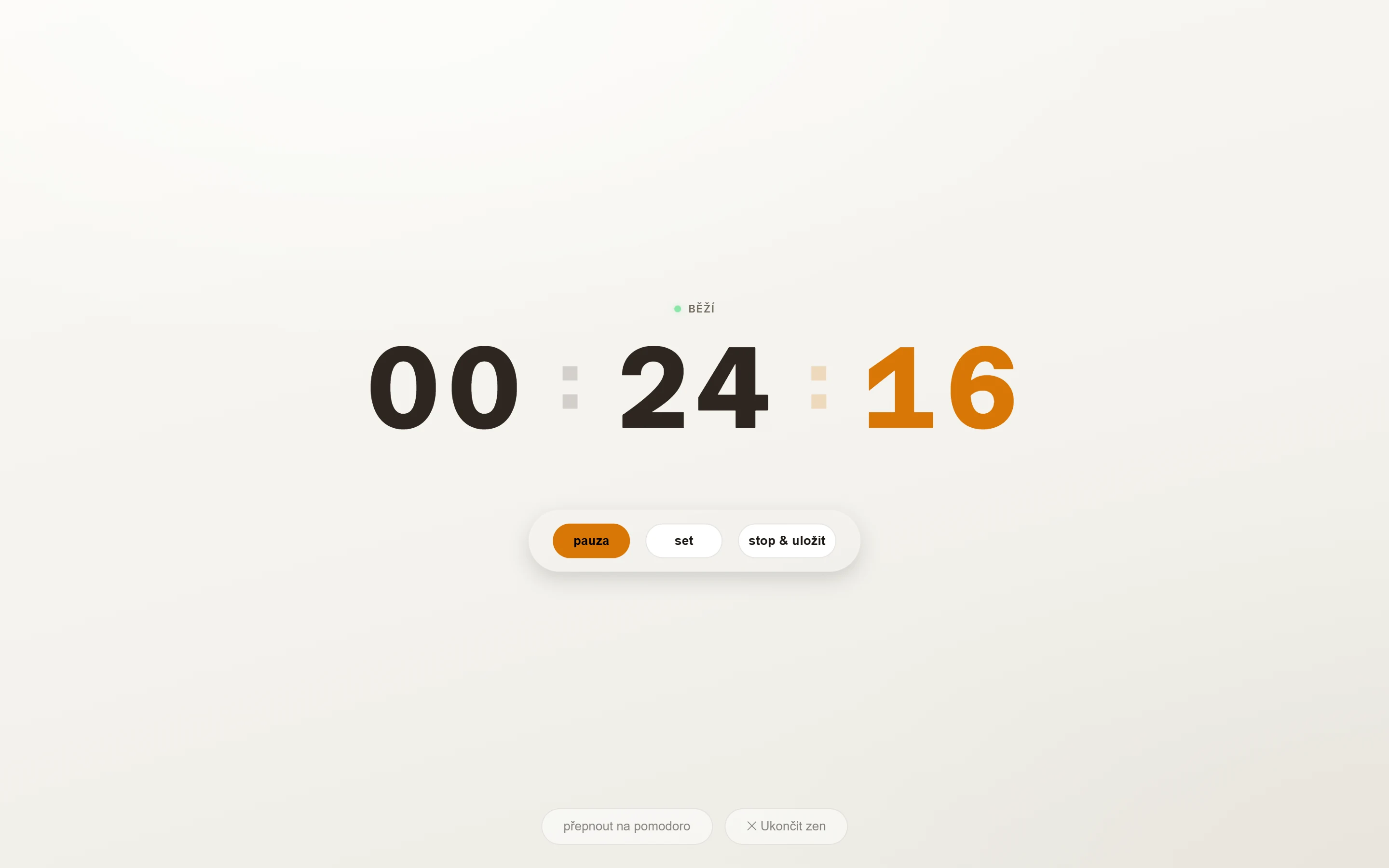 Zen: na obrazovce jen čas 00:24:17 a tlačítka pauza, set, stop a uložit