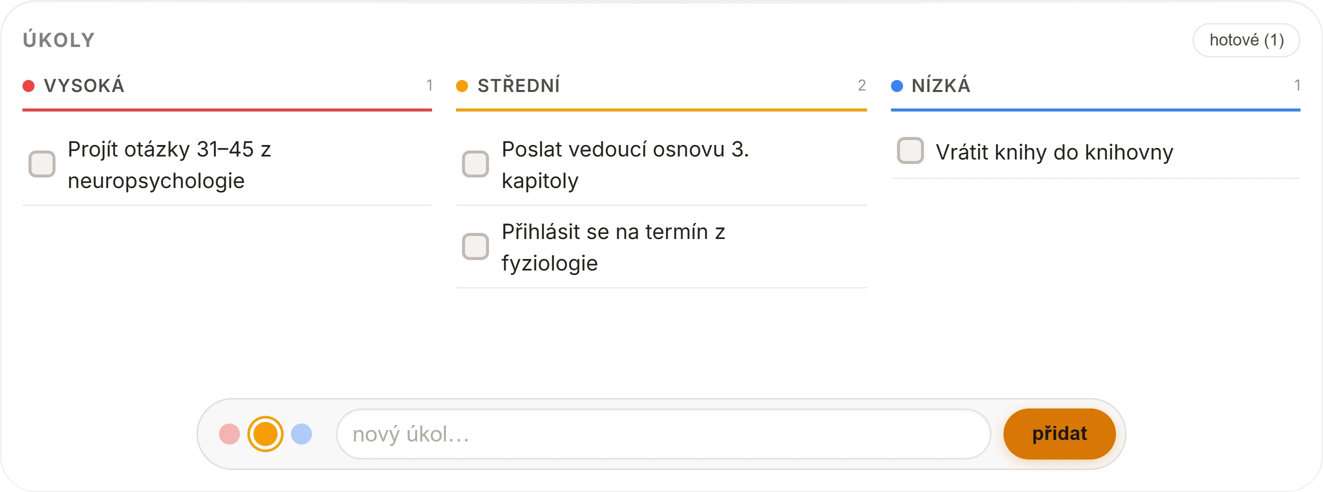 Úkoly ve třech prioritách: vysoká, střední, nízká