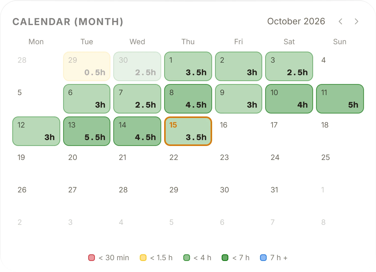 October calendar with days coloured by hours studied