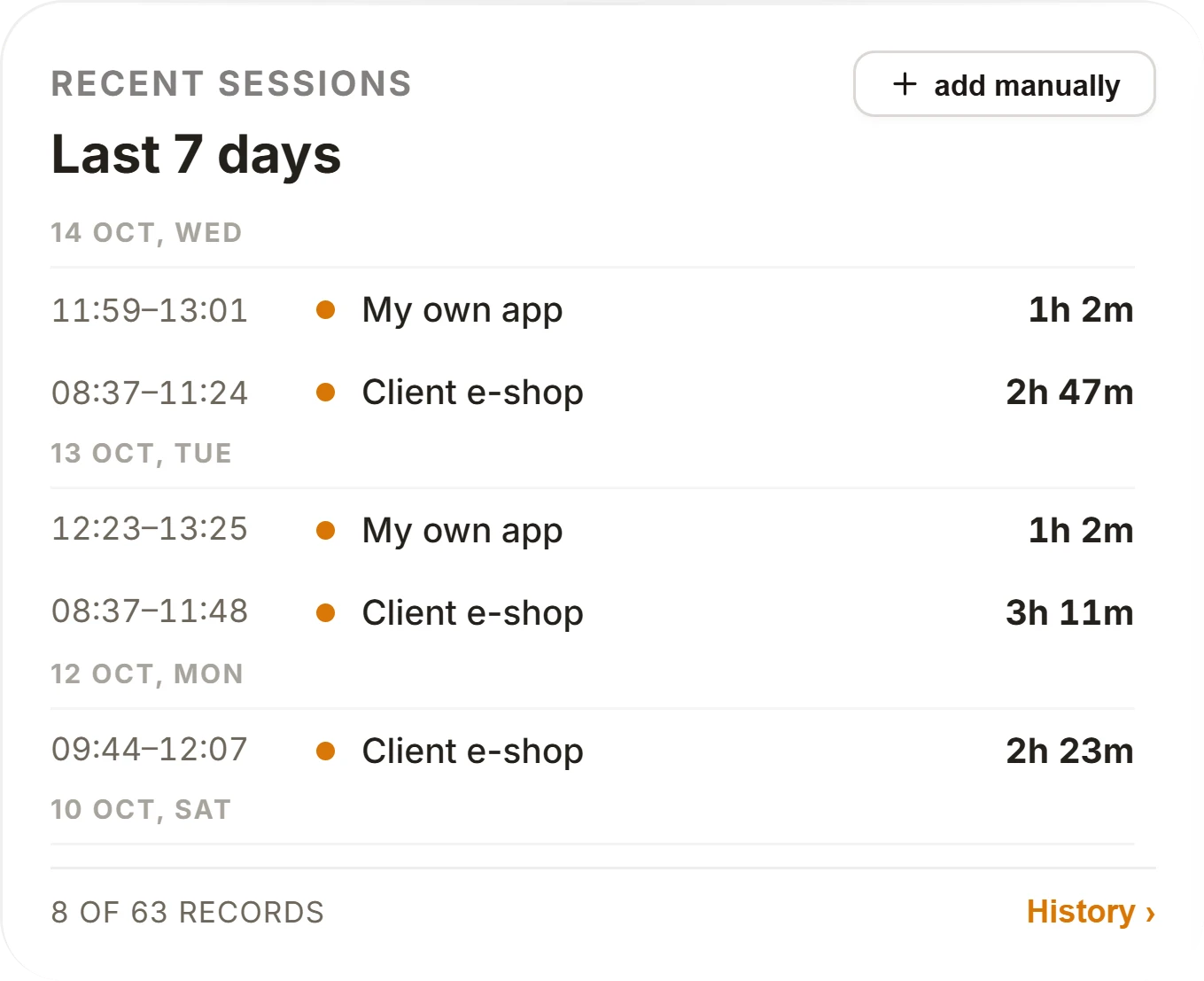 Recent sessions: Client e-shop 2 h 47 min, My own app 1 h 2 min