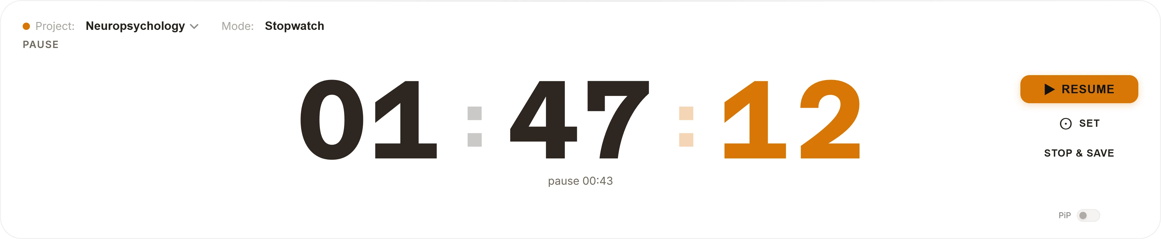 Timer card: subject Neuropsychology, paused at 01:47:12, buttons Resume, Set and Stop & save